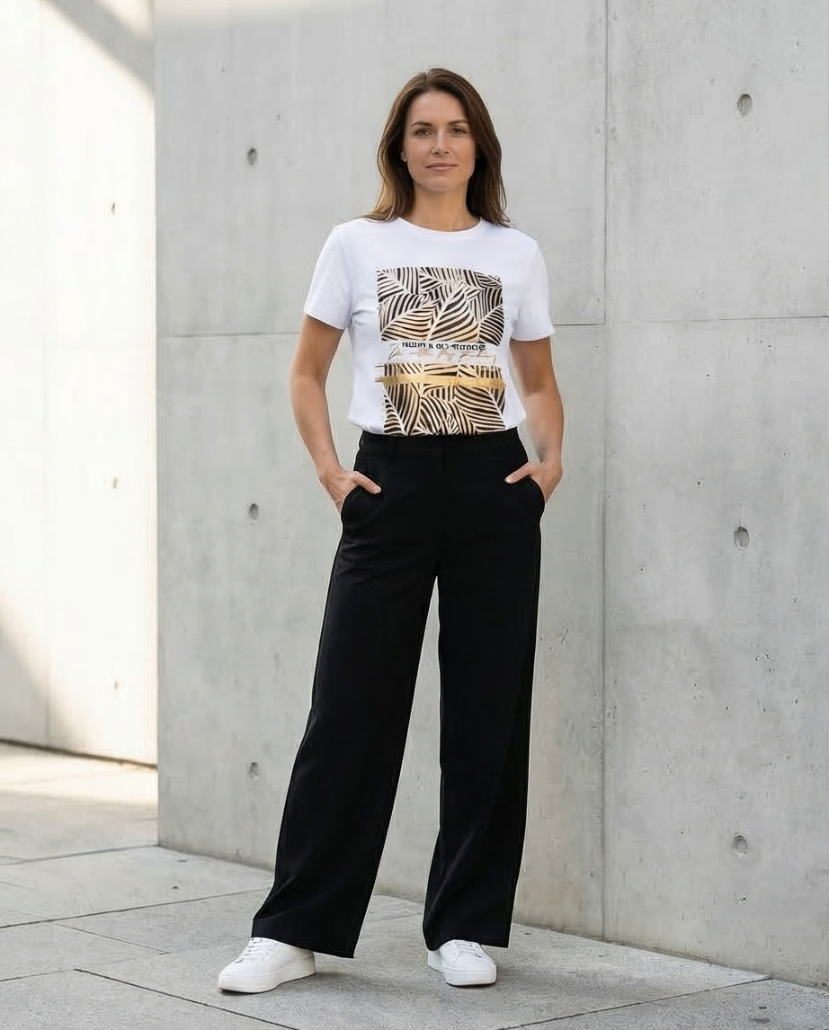 T-shirt motifs feuillage noir-doré