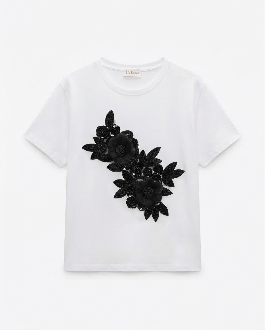 T-shirt blanc avec Fleurs et strass noir