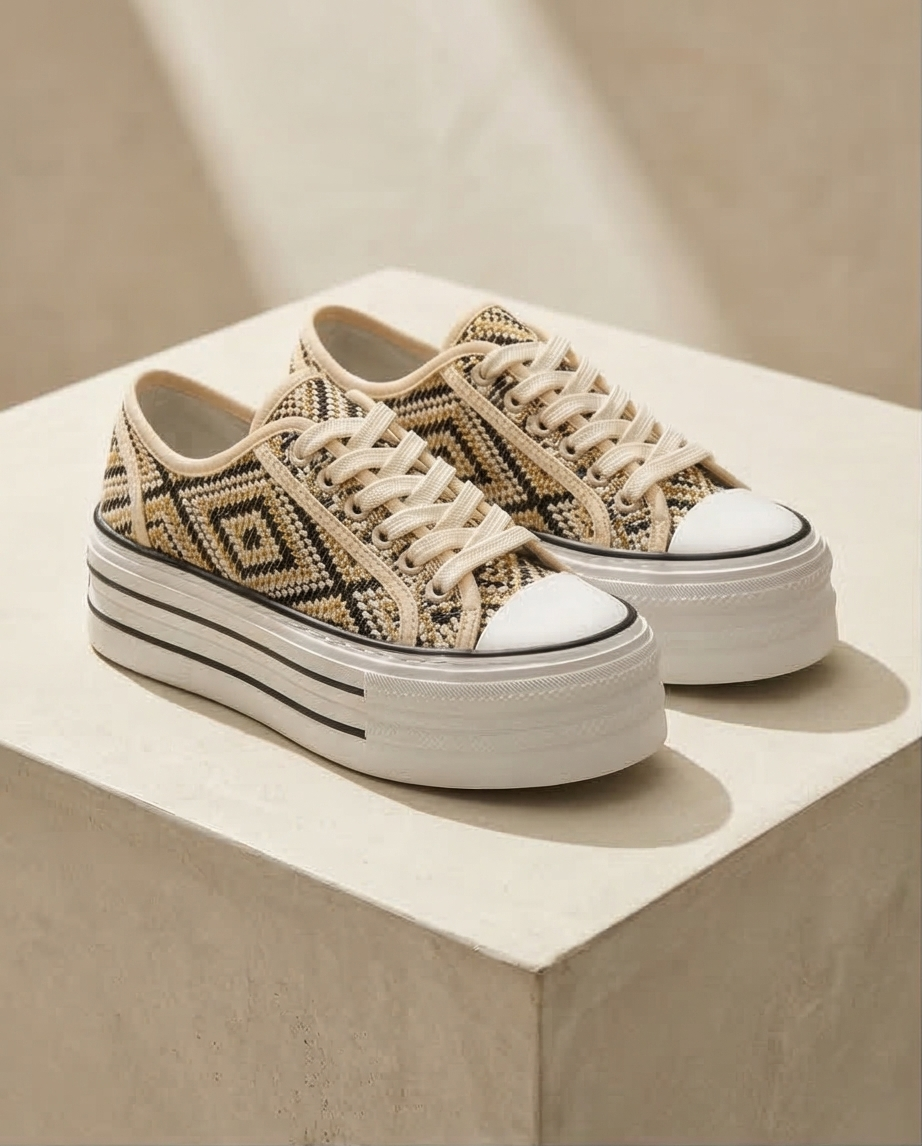 Baskets compensées beige et noire