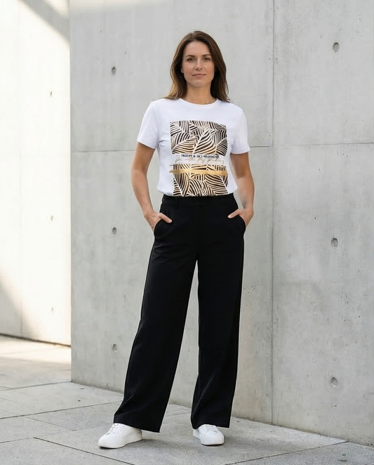 T-shirt motifs feuillage noir-doré