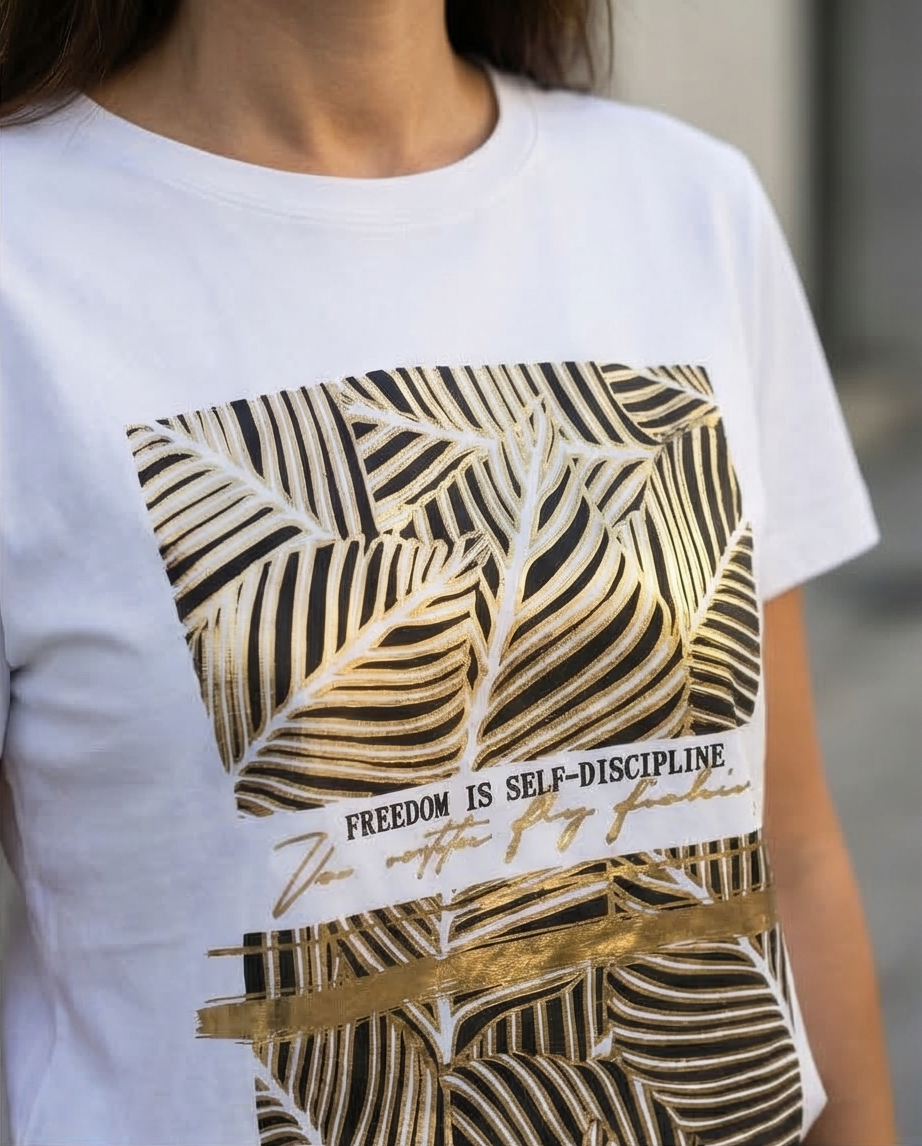 T-shirt motifs feuillage noir-doré