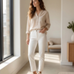 Blouse effet lin à pois blancs