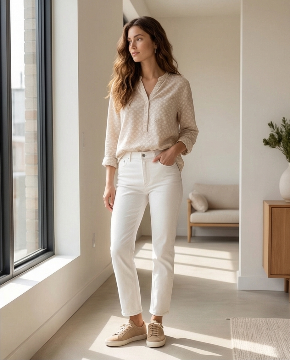 Blouse effet lin à pois blancs