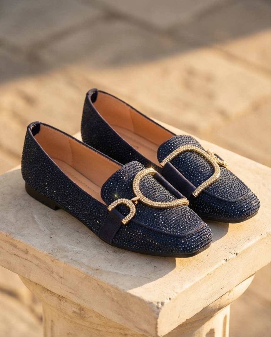 Mocassins avec strass bleu nuit